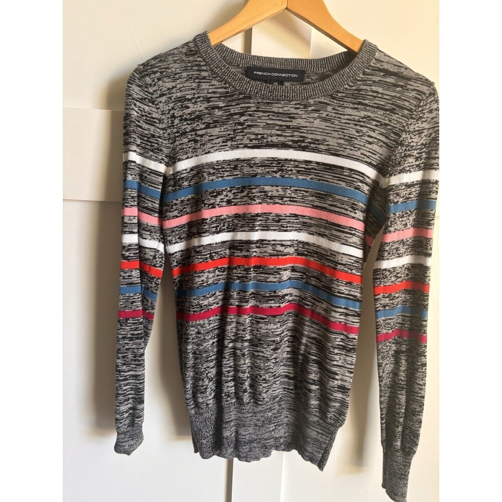 Womens French Connection Black Striped Thin Sweater Tapered Bottom Size XS